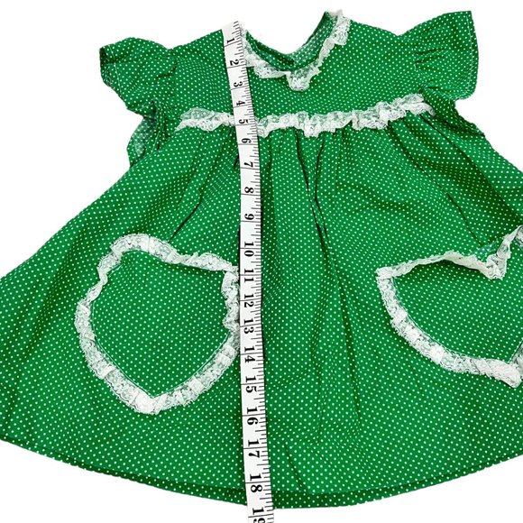 Vintage Handmade Girls Green Polka Dot Spring Dress Lace Trim Front Pockets - Picture 5 of 8